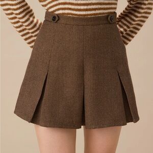 Brown Striped Pleated Mini Skirt